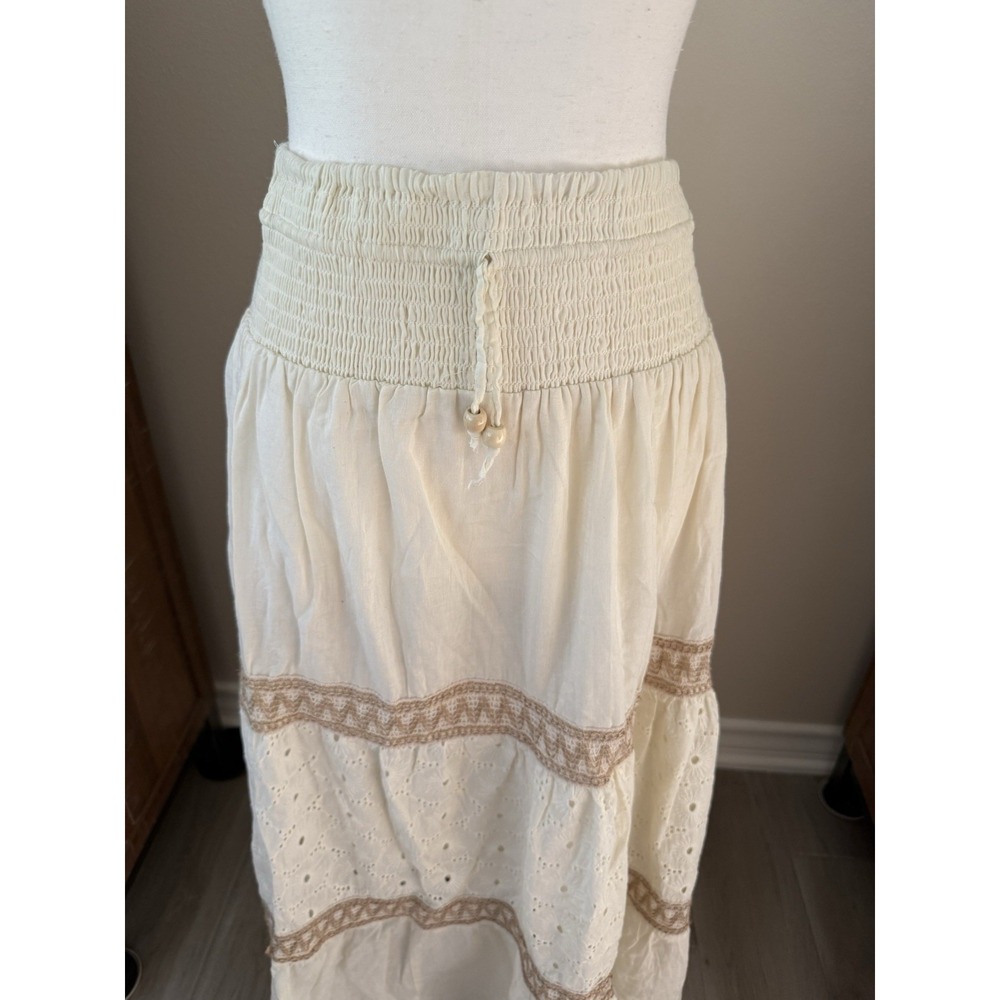 Boho Cottagecore Cotton Eyelet Maxi Skirt Smocked Waist Cream Small - Picture 3 of 11